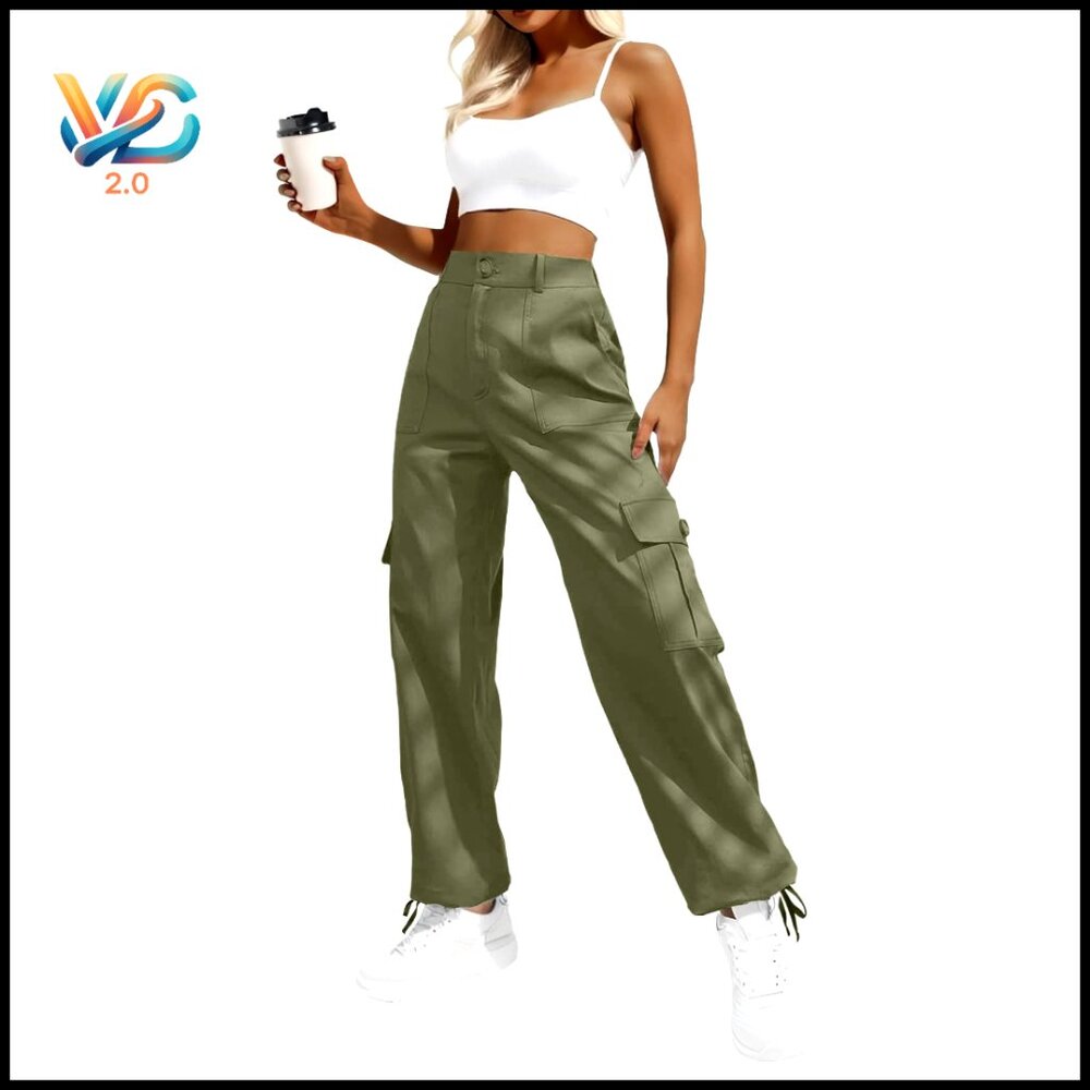 High Waisted Cargo Pants With 6 Pockets Stretchy Baggy Wide Leg